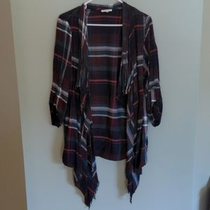 Teal & Maroon Plaid Open Front Drape Cardigan